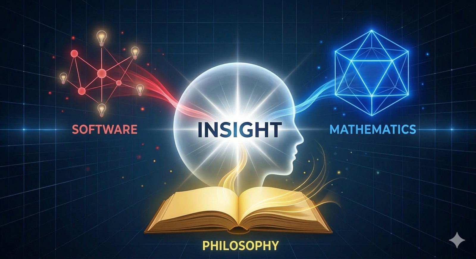 SOFTWARE・MATHEMATICS・PHILOSOPHYの3要素が人物のシルエットに集約し、INSIGHTとして輝くコンセプトビジュアル